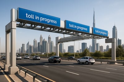 Modern Dubai highway with electronic toll gantries Modern Dubai highway with electronic toll gantries