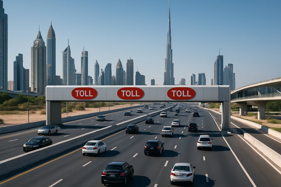 Modern toll road in Dubai with smooth traffic flow Modern toll road in Dubai with smooth traffic flow